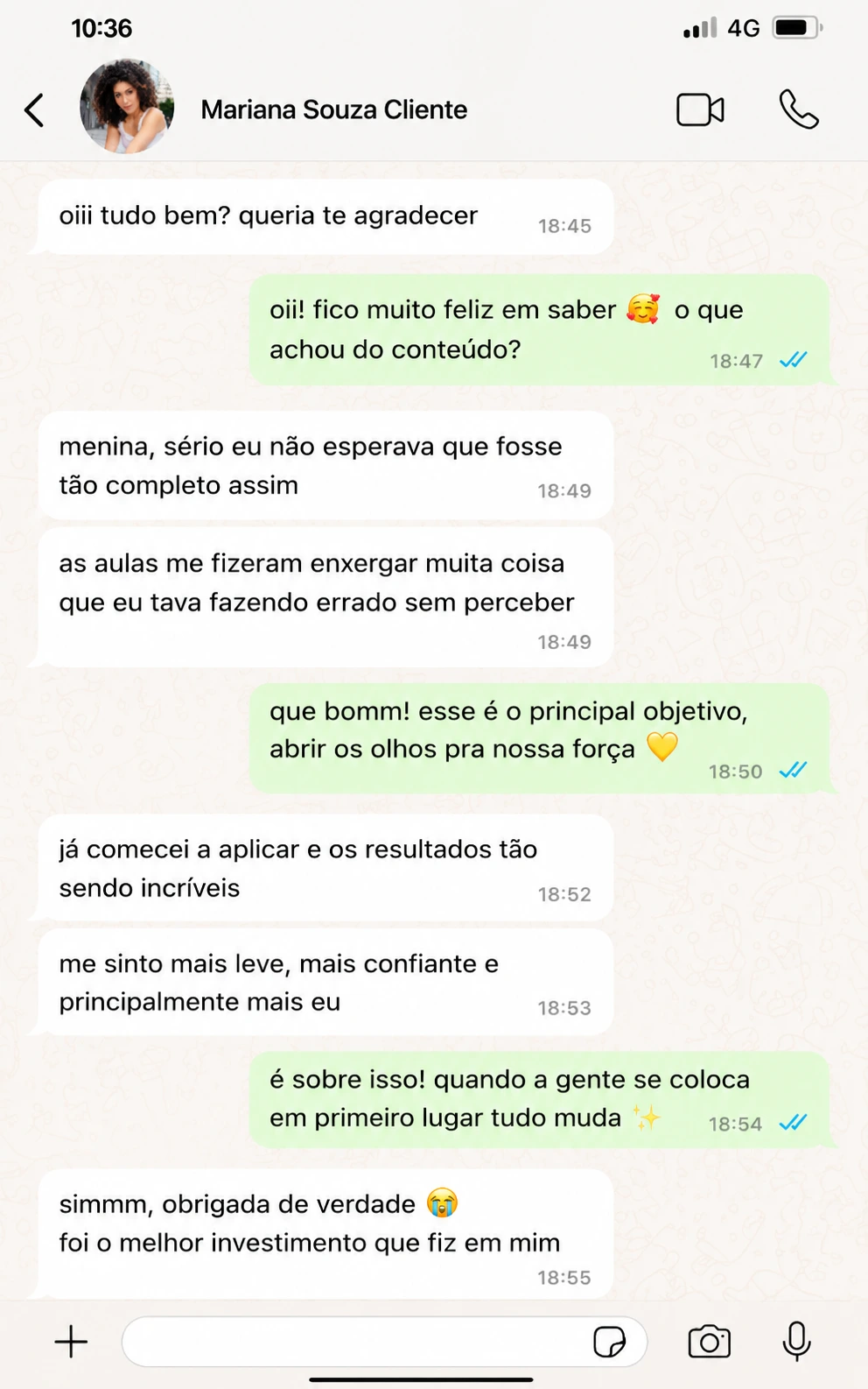 Depoimento de cliente em conversa de WhatsApp 1