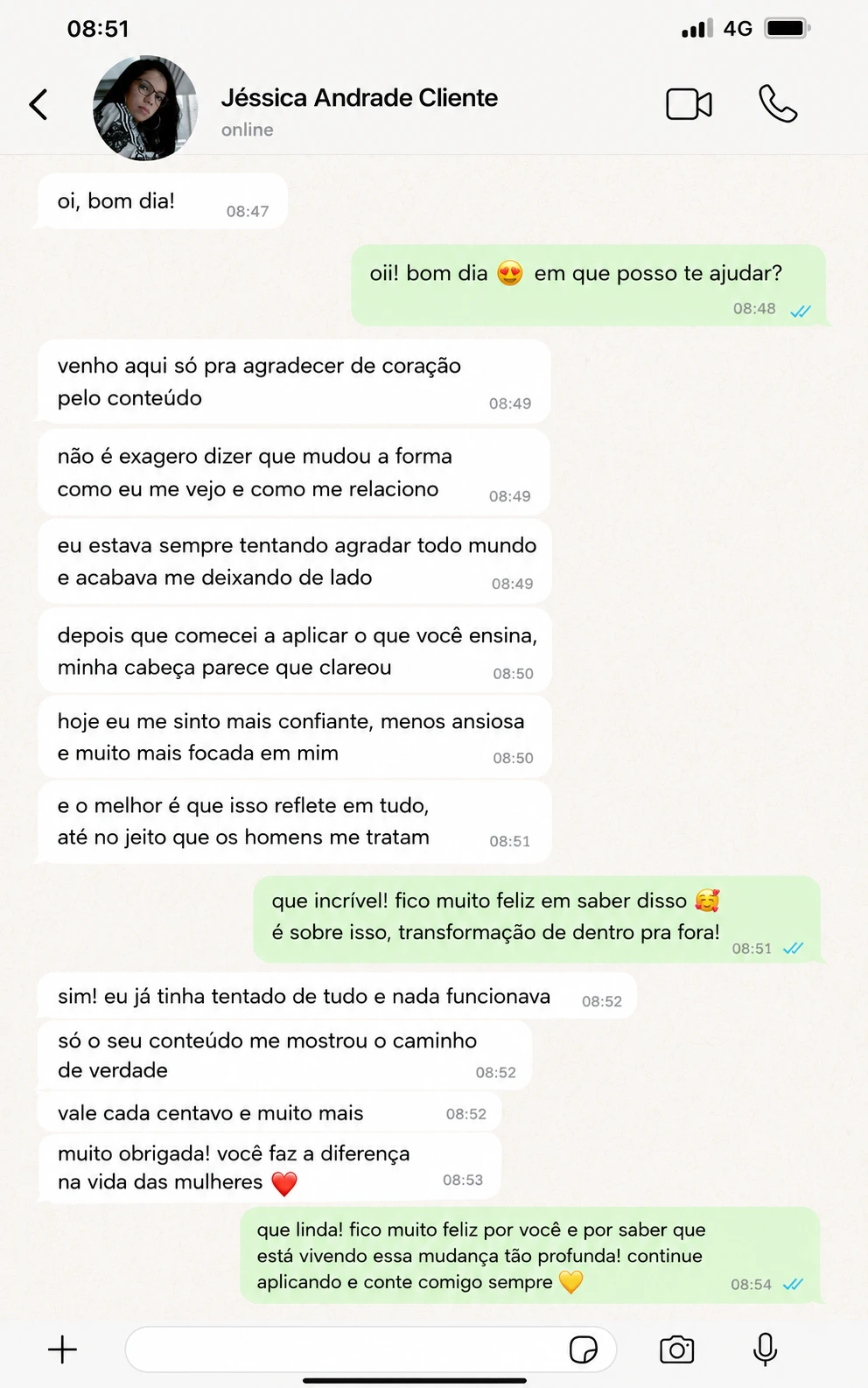 Depoimento de cliente em conversa de WhatsApp 4