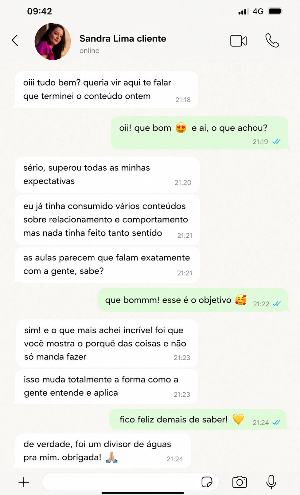 Depoimento de cliente em conversa de WhatsApp 5